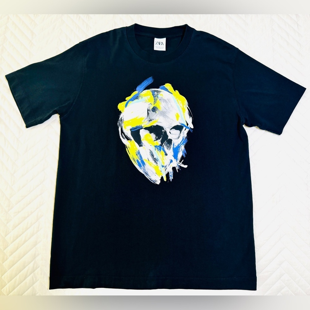 Zara Men T-Shirt Large Black Act Of Valour Skull Abstract Graphic Print Crew Tee